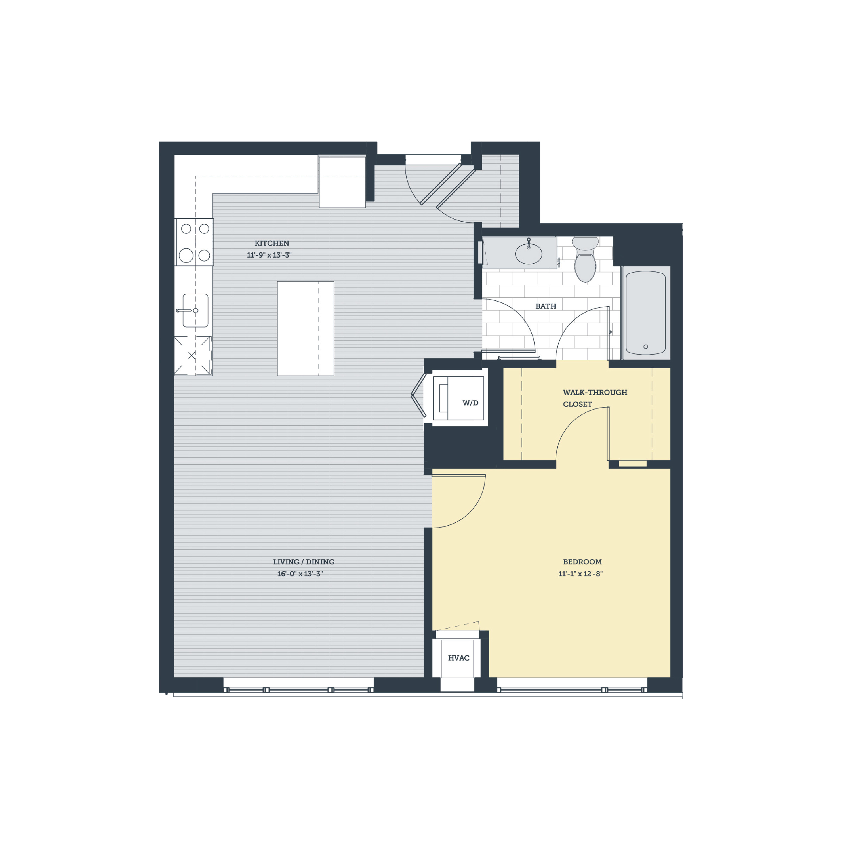 Floor plan for 1 bed, 1 bath, 758 sqft